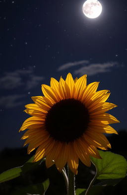 A single sunflower under the moonlight, with the moon casting a gentle glow on the petals, creating soft shadows on the ground