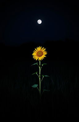 A single sunflower standing tall in the middle of a field at night, surrounded by dark, gently swaying grass under a starry sky
