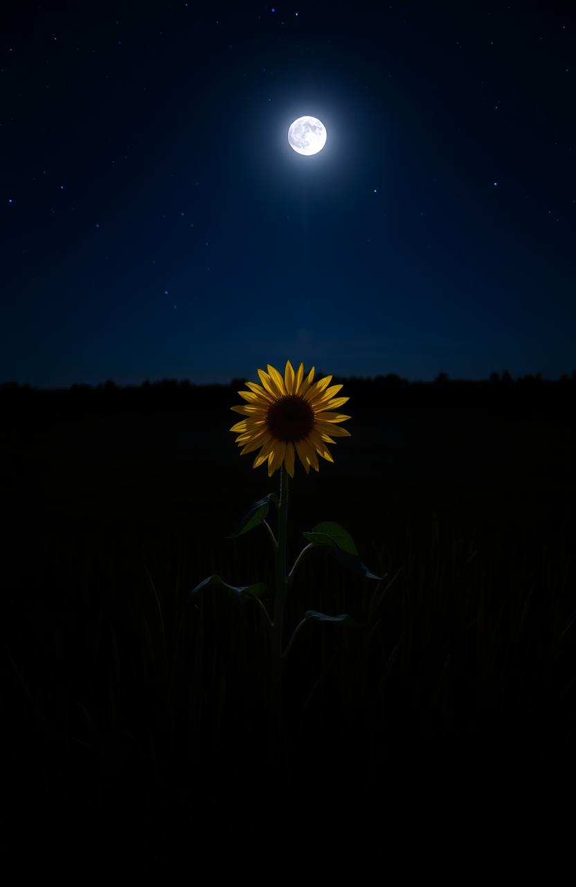 A single sunflower standing tall in the middle of a field at night, surrounded by dark, gently swaying grass under a starry sky