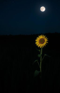 A single sunflower standing tall in the middle of a field at night, surrounded by dark, gently swaying grass under a starry sky