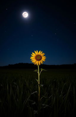 A single sunflower standing tall in the middle of a field at night, surrounded by dark, gently swaying grass under a starry sky