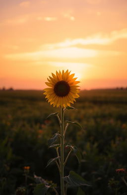 A single sunflower standing majestically in the center of a vast field during sunset