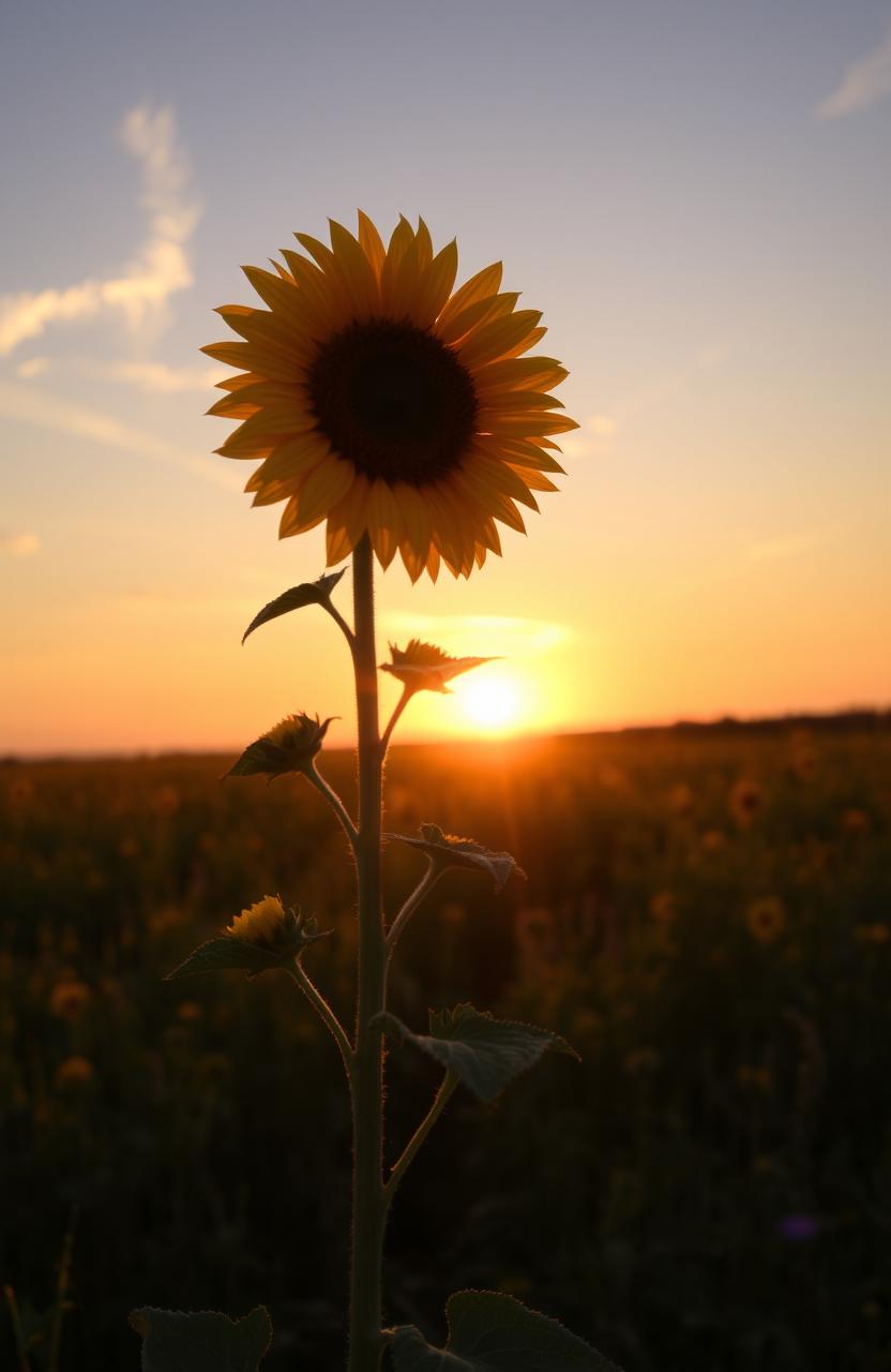 A single sunflower standing majestically in the center of a vast field during sunset