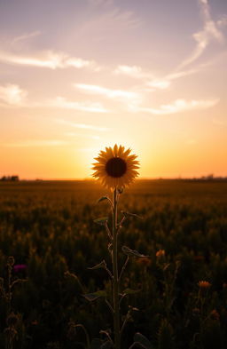 A single sunflower standing majestically in the center of a vast field during sunset