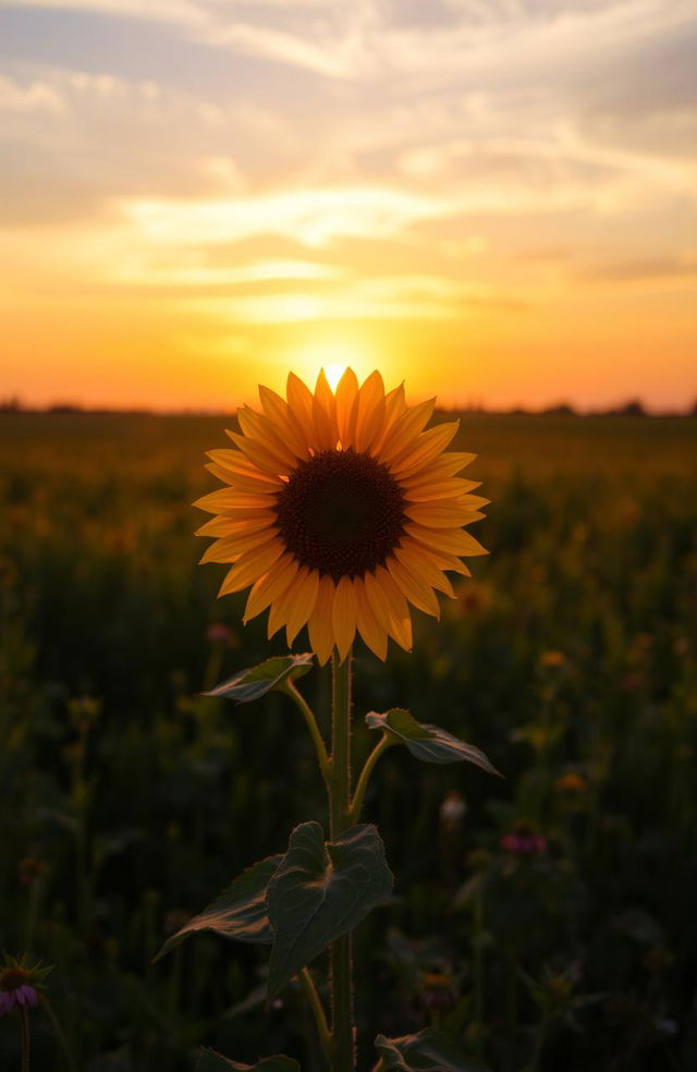 A single sunflower standing majestically in the center of a vast field during sunset