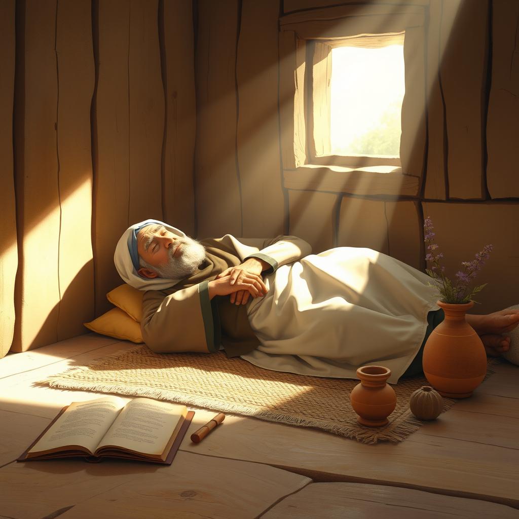 A serene and dignified depiction of the Prophet Ibrahim (Abraham) resting peacefully in a rustic, warmly-lit room