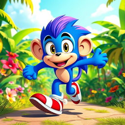 A vibrant and whimsical scene featuring a cartoonish monkey character styled after Sonic the Hedgehog, featuring bright blue fur, large expressive eyes, and a cheeky smile