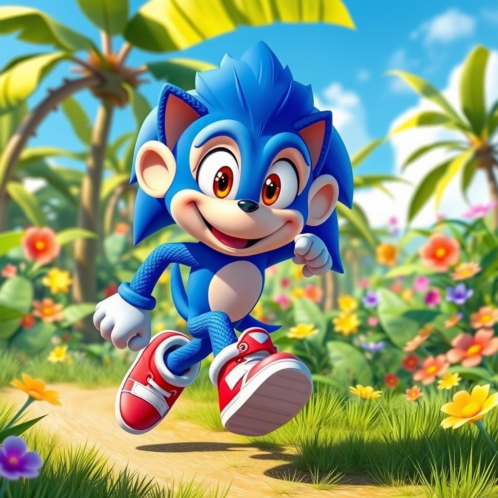 A vibrant and whimsical scene featuring a cartoonish monkey character styled after Sonic the Hedgehog, featuring bright blue fur, large expressive eyes, and a cheeky smile