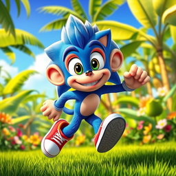 A vibrant and whimsical scene featuring a cartoonish monkey character styled after Sonic the Hedgehog, featuring bright blue fur, large expressive eyes, and a cheeky smile