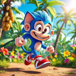 A vibrant and whimsical scene featuring a cartoonish monkey character styled after Sonic the Hedgehog, featuring bright blue fur, large expressive eyes, and a cheeky smile
