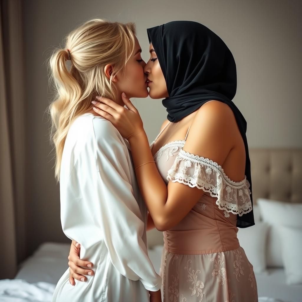 A romantic scene featuring two women sharing a passionate kiss