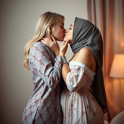 A romantic scene featuring two women sharing a passionate kiss