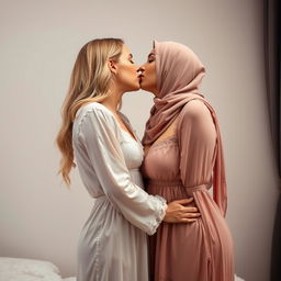 A romantic scene featuring two women sharing a passionate kiss