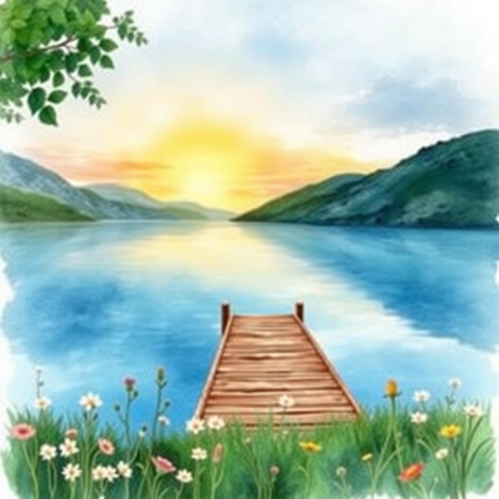 A beautiful watercolor painting depicting a serene lakeside scene for a book cover