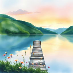 A beautiful watercolor painting depicting a serene lakeside scene for a book cover