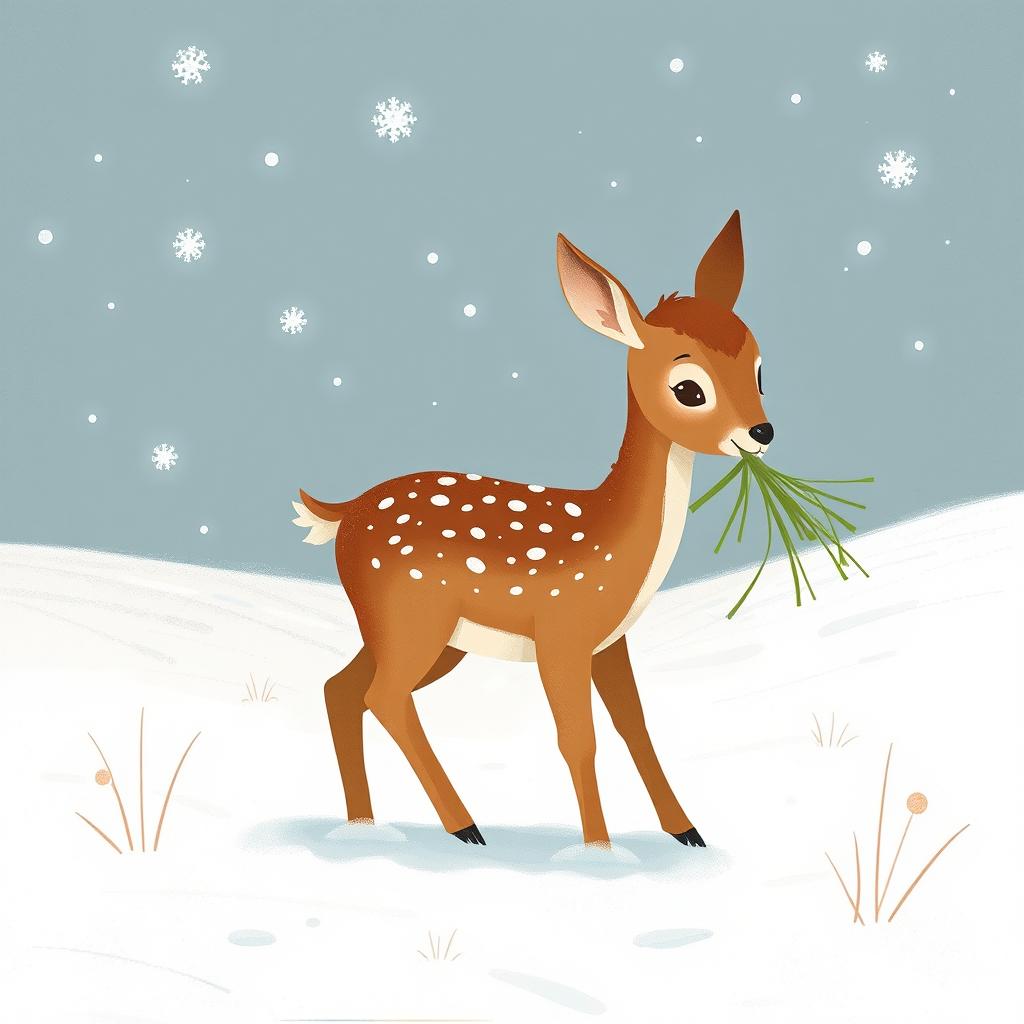 In a snowy winter landscape, a brown fawn is walking through the snow while holding a bunch of grass in its mouth