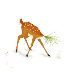 In a snowy winter landscape, a brown fawn is walking through the snow while holding a bunch of grass in its mouth