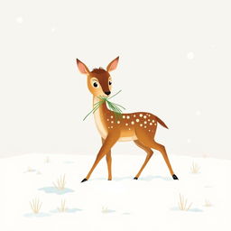 In a snowy winter landscape, a brown fawn is walking through the snow while holding a bunch of grass in its mouth