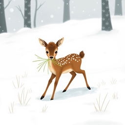 In a snowy winter landscape, a brown fawn is walking through the snow while holding a bunch of grass in its mouth