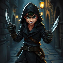 A charming rogue thief wielding two daggers, dressed in a dark leather outfit with intricate designs, featuring a hood and a mischievous grin