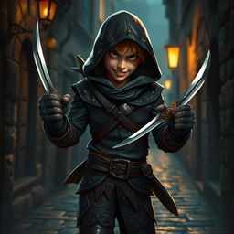 A charming rogue thief wielding two daggers, dressed in a dark leather outfit with intricate designs, featuring a hood and a mischievous grin