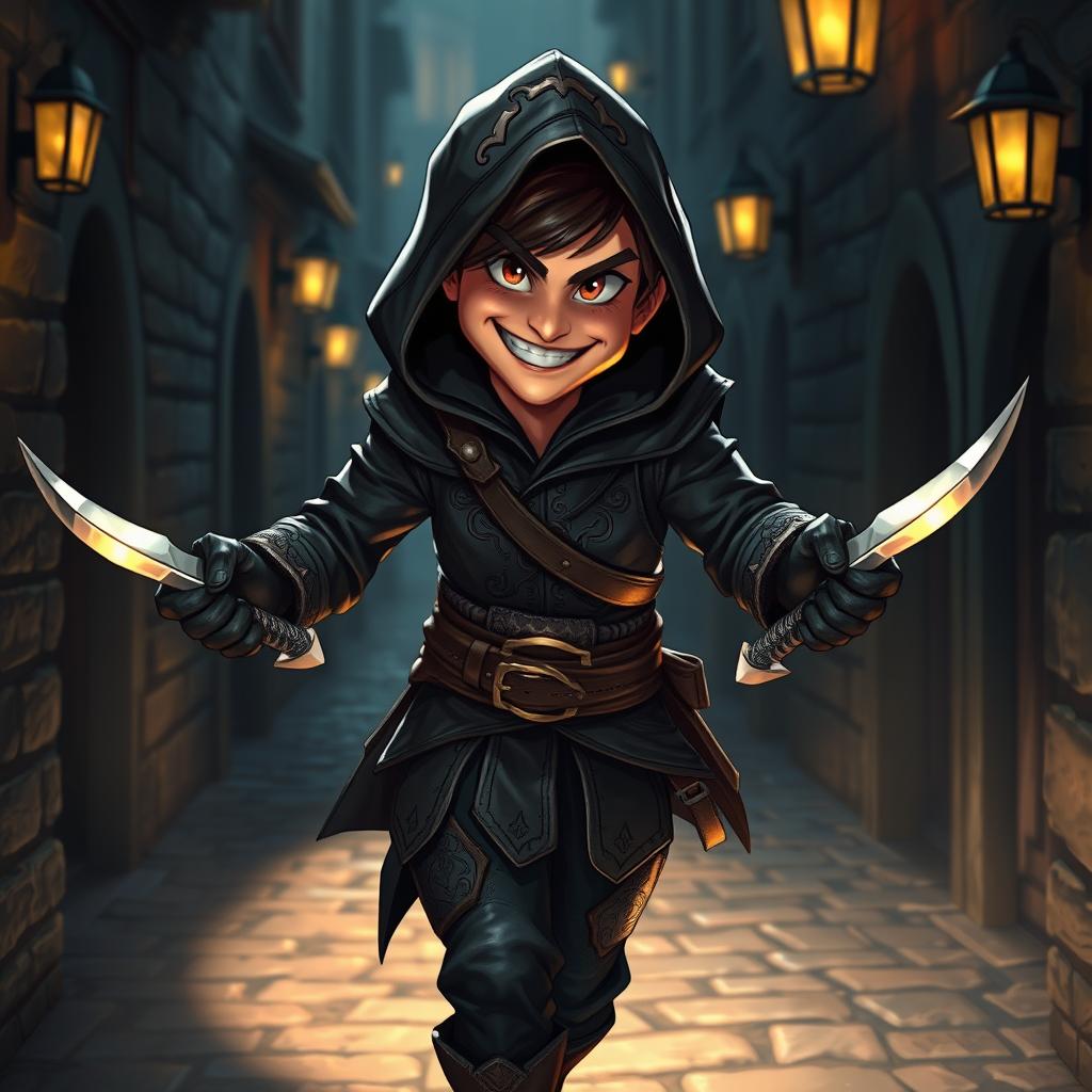 A charming rogue thief wielding two daggers, dressed in a dark leather outfit with intricate designs, featuring a hood and a mischievous grin