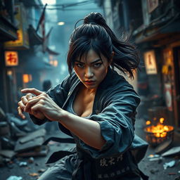 A dramatic scene depicting an intense and action-packed moment featuring an Asian female character with a determined expression, surrounded by a chaotic urban backdrop