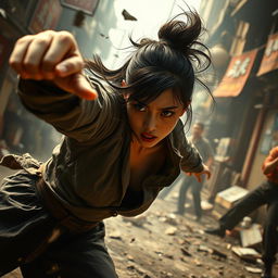 A dramatic scene depicting an intense and action-packed moment featuring an Asian female character with a determined expression, surrounded by a chaotic urban backdrop