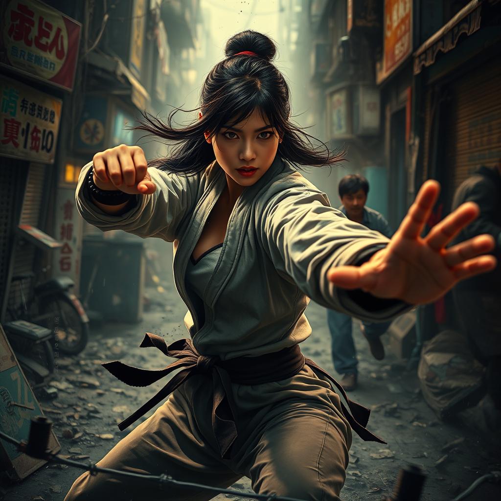 A dramatic scene depicting an intense and action-packed moment featuring an Asian female character with a determined expression, surrounded by a chaotic urban backdrop
