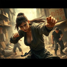A dramatic scene depicting an intense and action-packed moment featuring an Asian female character with a determined expression, surrounded by a chaotic urban backdrop