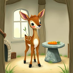 A brown fawn holding a blade of grass, standing inside a cozy room