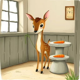 A brown fawn holding a blade of grass, standing inside a cozy room