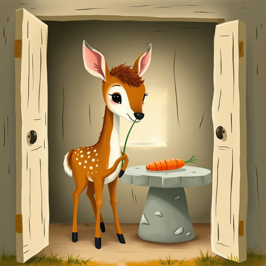 A brown fawn holding a blade of grass, standing inside a cozy room