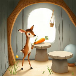 A brown fawn holding a blade of grass, standing inside a cozy room
