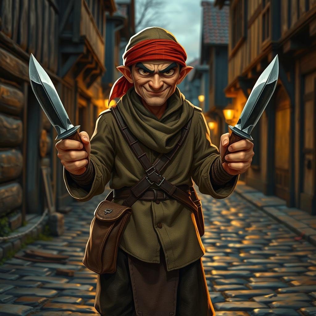A crafty thief character with two daggers, dressed in common clothing reflecting a retro style