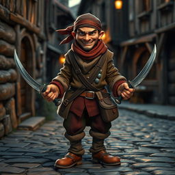 A crafty thief character with two daggers, dressed in common clothing reflecting a retro style