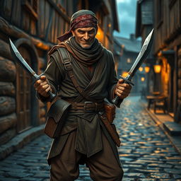 A crafty thief character with two daggers, dressed in common clothing reflecting a retro style