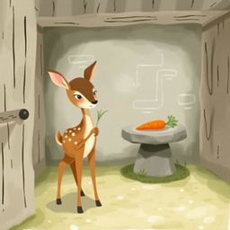 A brown fawn holding a small blade of grass, standing in a cozy room