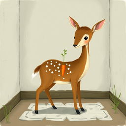 A brown fawn holding a small blade of grass, standing in a cozy room