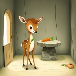 A brown fawn holding a small blade of grass, standing in a cozy room