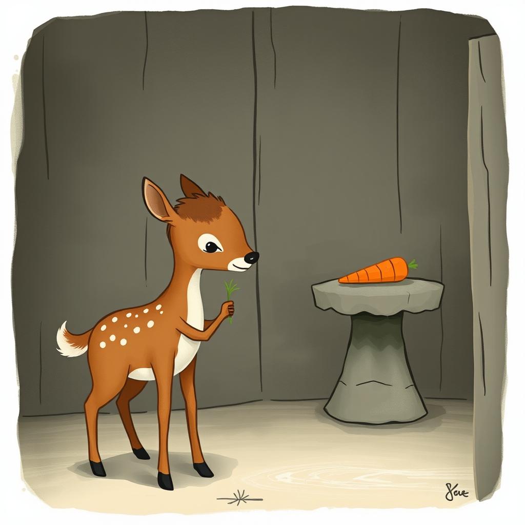 A brown fawn holding a small blade of grass, standing in a cozy room