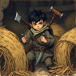 A young rogue thief with two daggers and a hammer strapped to his back, dressed in simple, common clothing, hiding among bales of straw