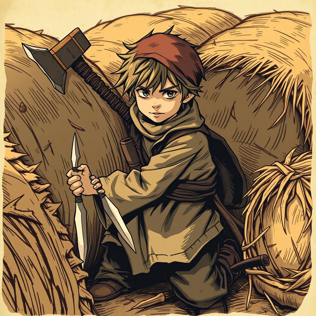 A young rogue thief with two daggers and a hammer strapped to his back, dressed in simple, common clothing, hiding among bales of straw