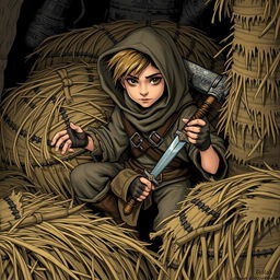 A young rogue thief with two daggers and a hammer strapped to his back, dressed in simple, common clothing, hiding among bales of straw