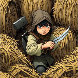 A young rogue thief with two daggers and a hammer strapped to his back, dressed in simple, common clothing, hiding among bales of straw
