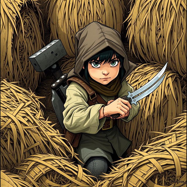 A young rogue thief with two daggers and a hammer strapped to his back, dressed in simple, common clothing, hiding among bales of straw