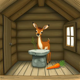 Inside a wooden cabin, a brown fawn holding a blade of grass stands in the room