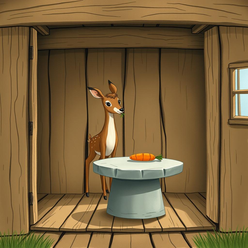 Inside a wooden cabin, a brown fawn holding a blade of grass stands in the room