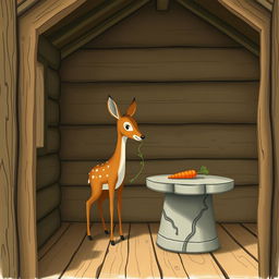 Inside a wooden cabin, a brown fawn holding a blade of grass stands in the room