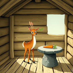 Inside a wooden cabin, a brown fawn holding a blade of grass stands in the room